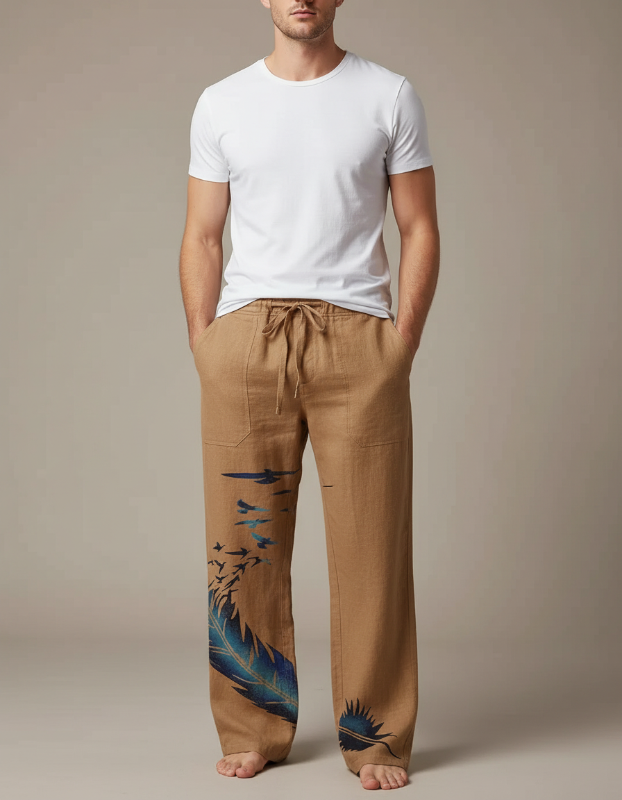 Pantalon Beige Lin Ample Imprimé Plume Oiseaux Homme