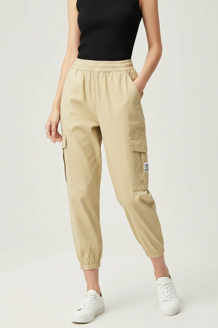 Pantalon Beige Cargo Décontracté Taille Haute Élastique Femme - Toile