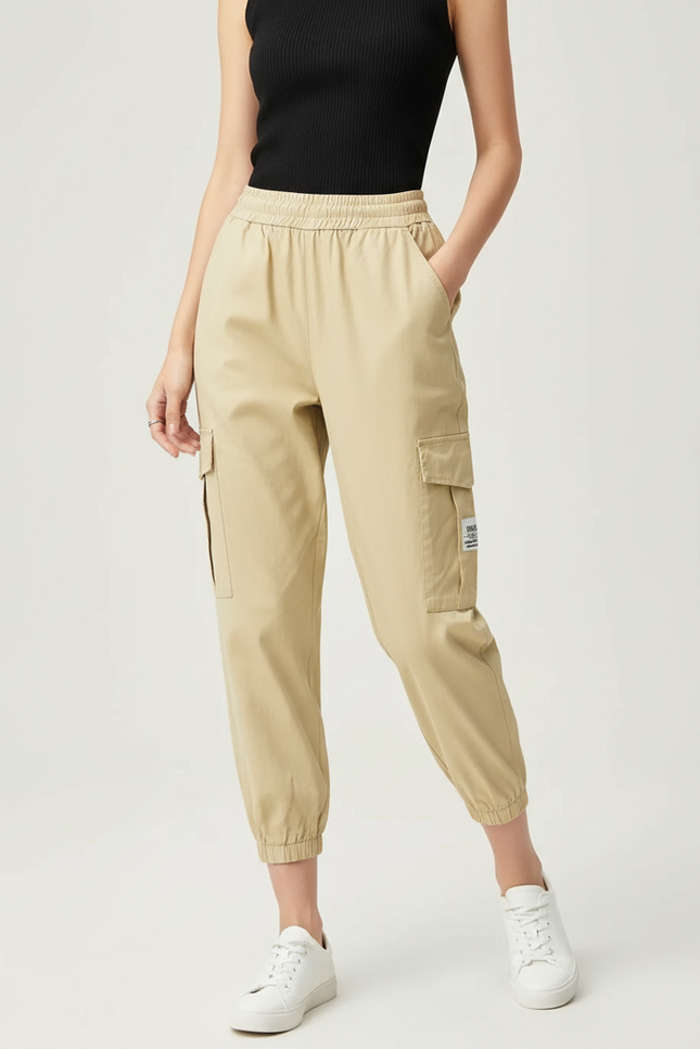 Pantalon Beige Cargo Décontracté Taille Haute Élastique Femme - Toile