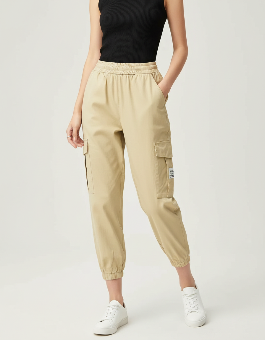 Pantalon Beige Cargo Décontracté Taille Haute Élastique Femme - Toile