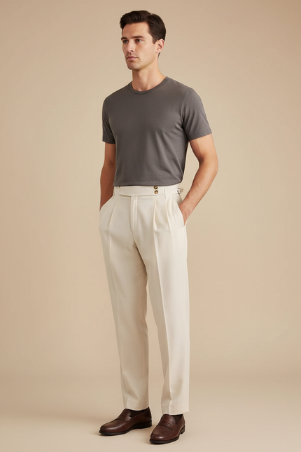 Pantalon Beige Homme Plissé Droit Élégant - Gabardine