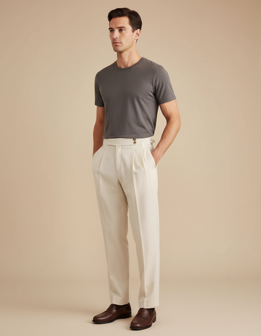 Pantalon Beige Homme Plissé Droit Élégant - Gabardine
