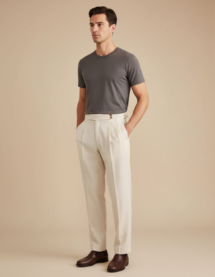 Pantalon Beige Homme Plissé Droit Élégant - Gabardine
