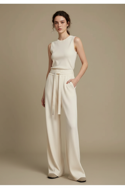 Pantalon Beige Ample Cordon Fluide Femme - Maille