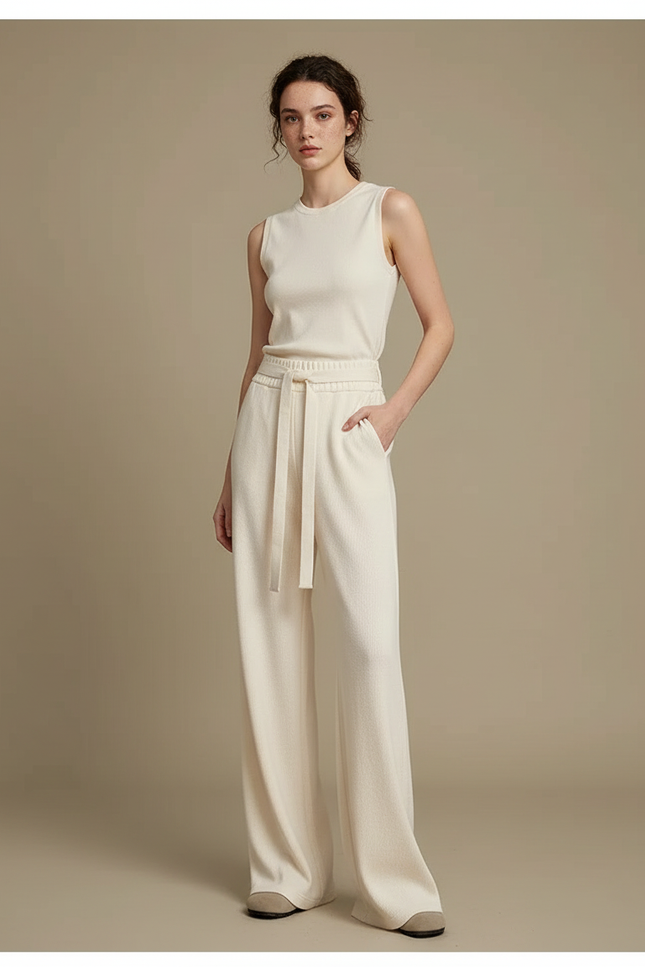 Pantalon Beige Ample Cordon Fluide Femme - Maille