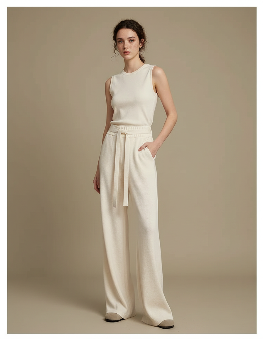 Pantalon Beige Ample Cordon Fluide Femme - Maille