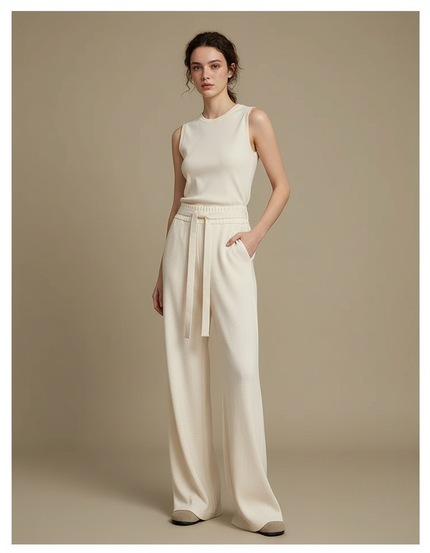 Pantalon Beige Ample Cordon Fluide Femme - Maille