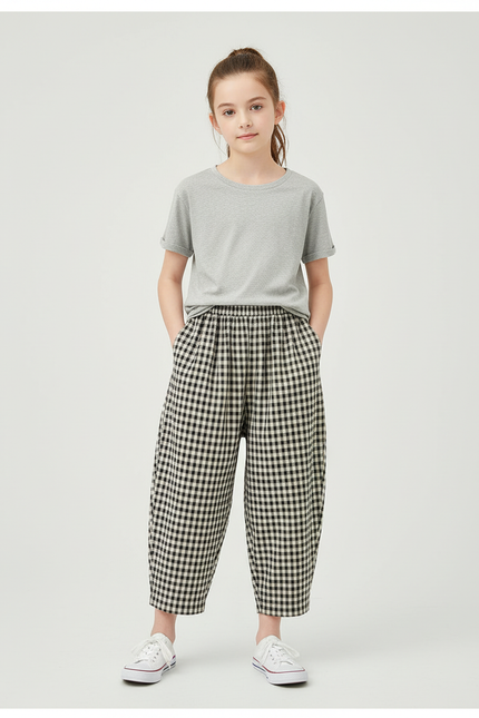 Pantalon Beige À Carreaux Ample Décontracté Enfant - Coton