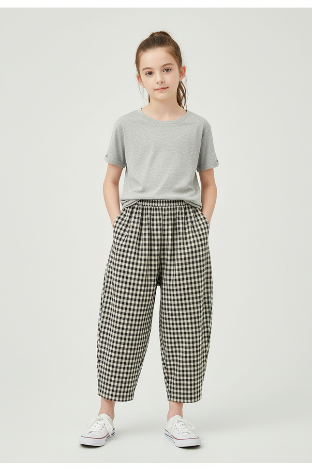 Pantalon Beige À Carreaux Ample Décontracté Enfant - Coton