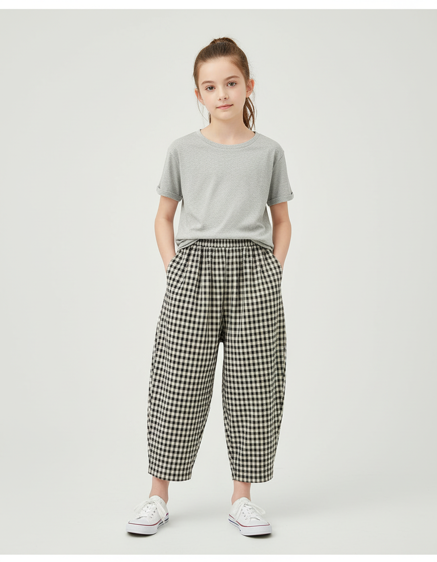 Pantalon Beige À Carreaux Ample Décontracté Enfant - Coton