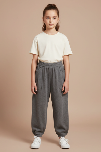 Pantalon Beige Sport Décontracté Ample Fille - Gris Molleton