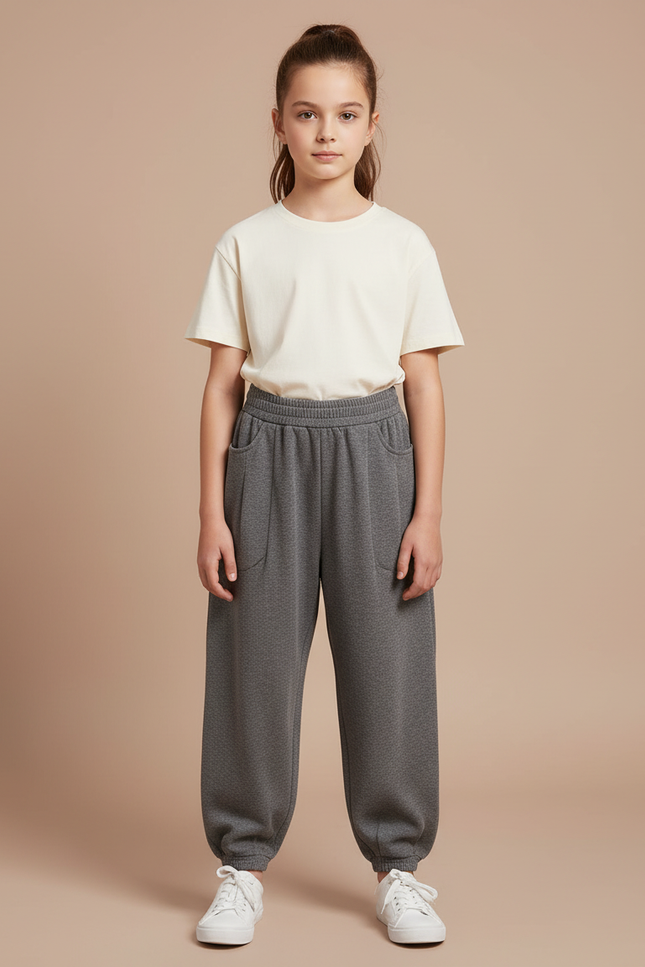 Pantalon Beige Sport Décontracté Ample Fille - Gris Molleton