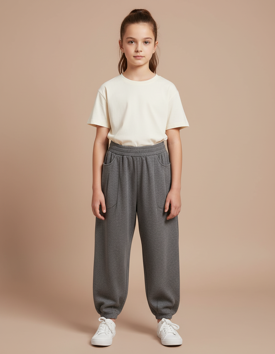 Pantalon Beige Sport Décontracté Ample Fille - Gris Molleton