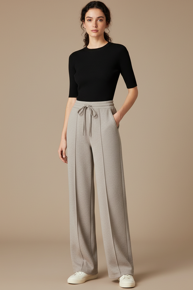 Pantalon Beige Droit Ample Décontracté Texturé Cordon - Maille