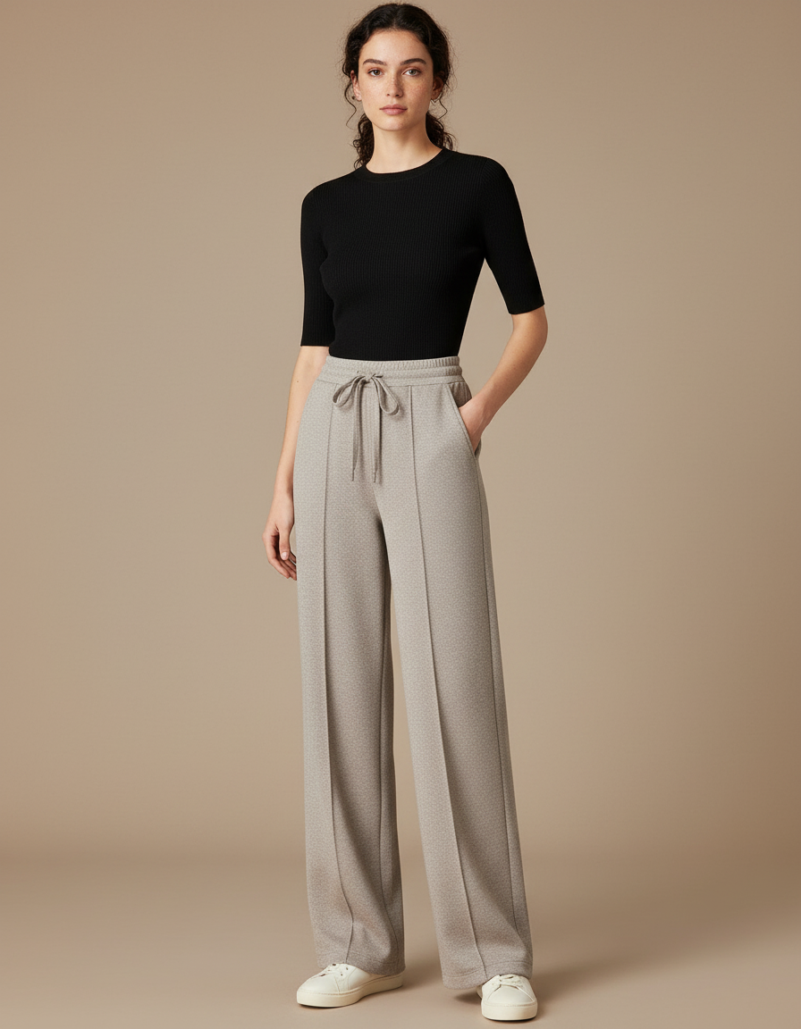 Pantalon Beige Droit Ample Décontracté Texturé Cordon - Maille