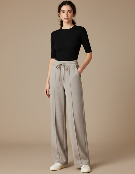 Pantalon Beige Droit Ample Décontracté Texturé Cordon - Maille