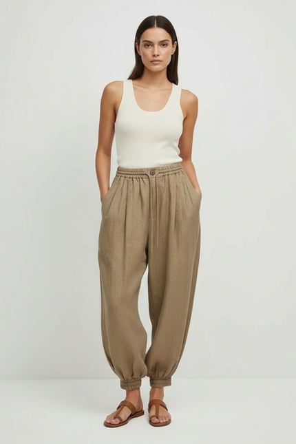 Pantalon Beige Ample Lin Décontracté Élastique Femme