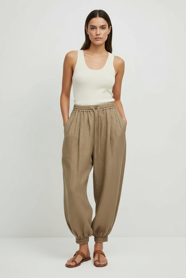 Pantalon Beige Ample Lin Décontracté Élastique Femme