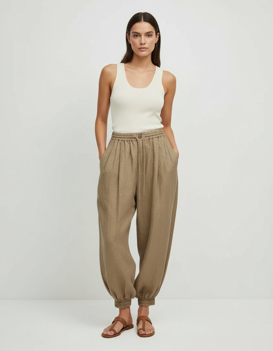 Pantalon Beige Ample Lin Décontracté Élastique Femme
