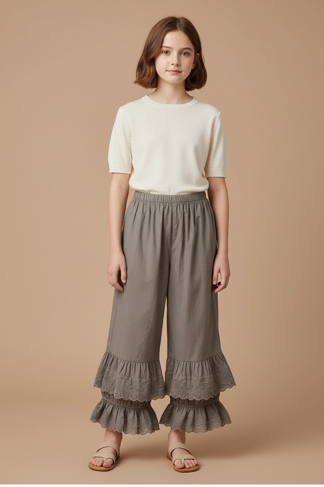 Pantalon Beige Ample Volants Dentelle Coton Enfant - Kaki