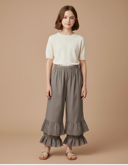 Pantalon Beige Ample Volants Dentelle Coton Enfant - Kaki