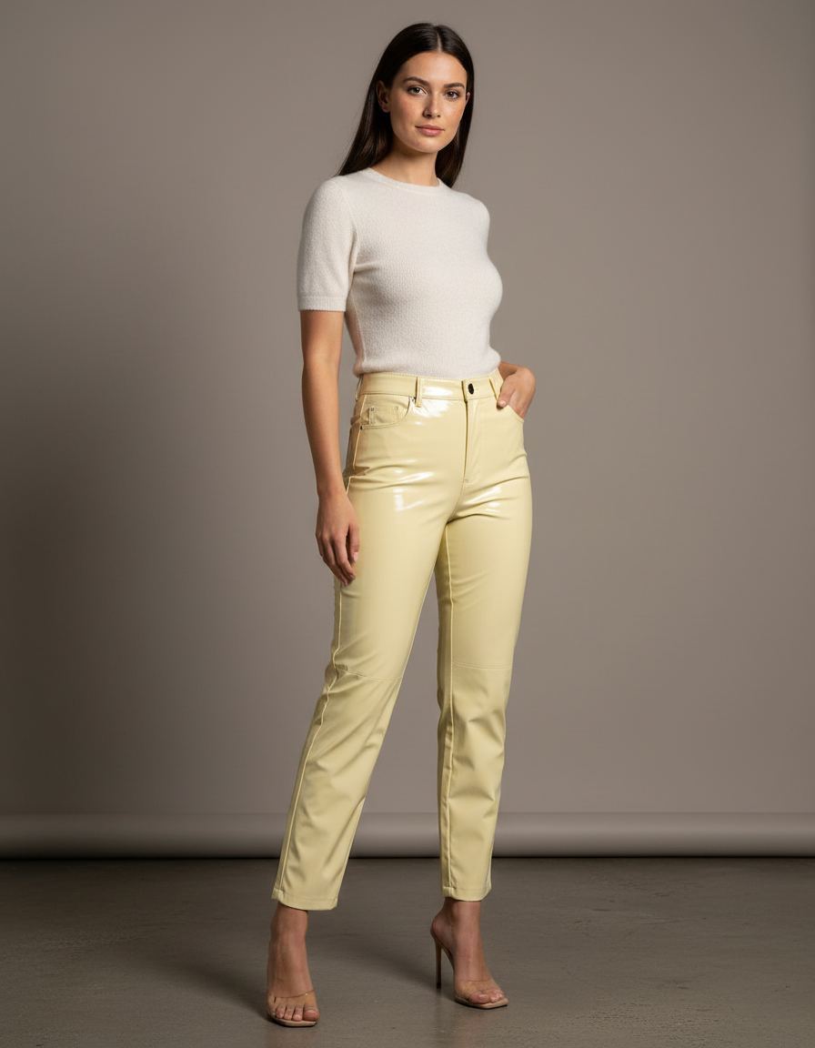 Pantalon Beige Brillant Taille Haute Similicuir Skinny - Jaune Simili cuir