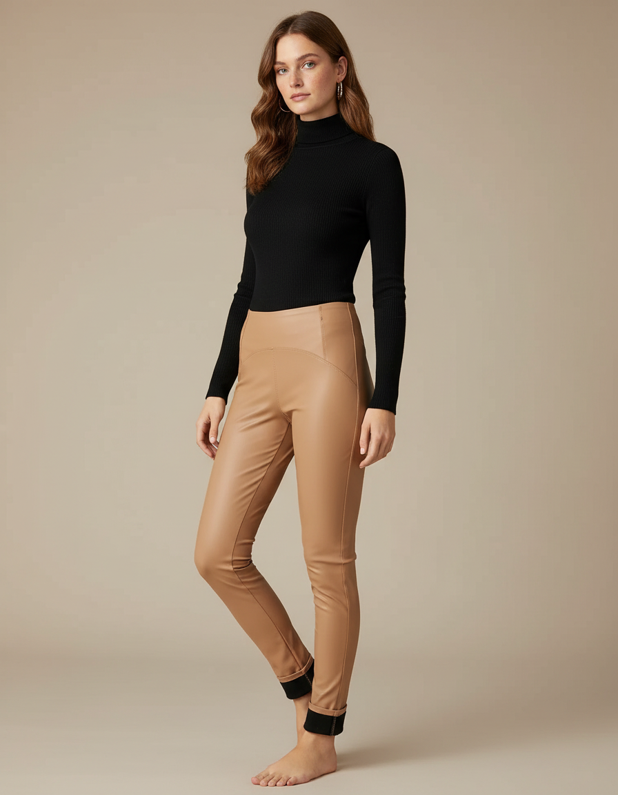 Pantalon Simili Cuir Femme Beige