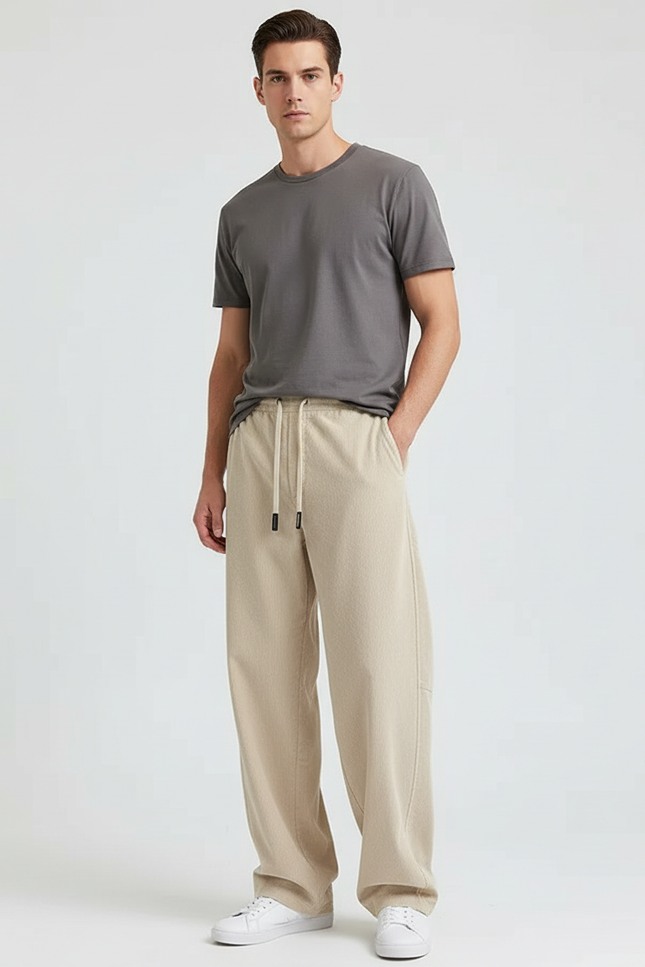 Pantalon Beige Ample Cordon Décontracté Large Homme - Molleton
