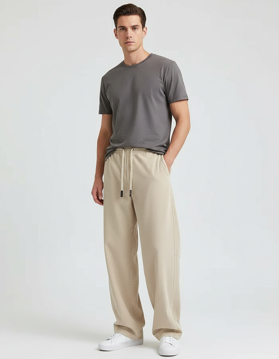 Pantalon Beige Ample Cordon Décontracté Large Homme - Molleton