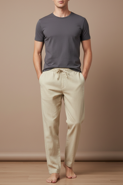 Pantalon Beige Droit Coton Lin Homme Ample Respirant