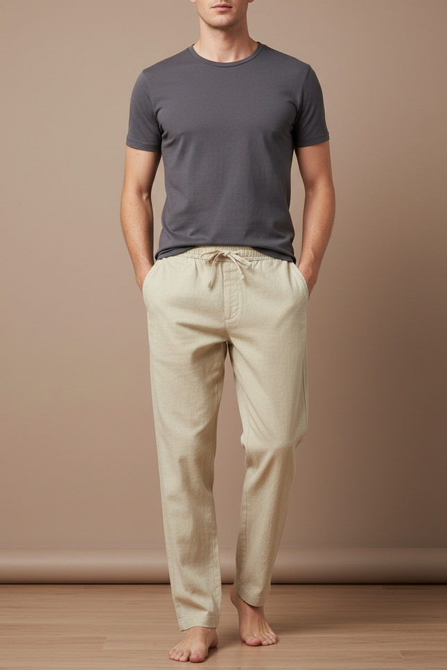 Pantalon Beige Droit Coton Lin Homme Ample Respirant