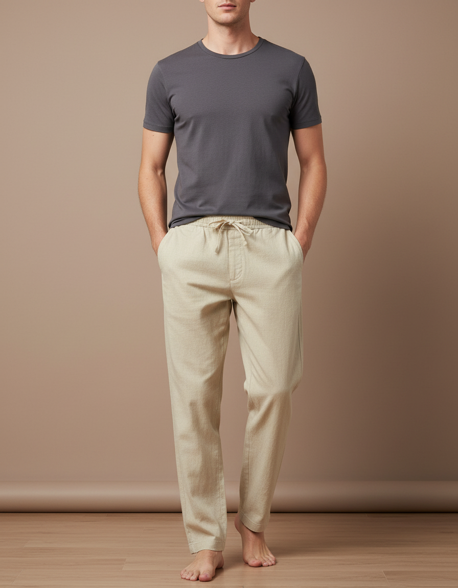 Pantalon Beige Droit Coton Lin Homme Ample Respirant