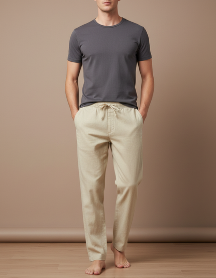 Pantalon Beige Droit Coton Lin Homme Ample Respirant