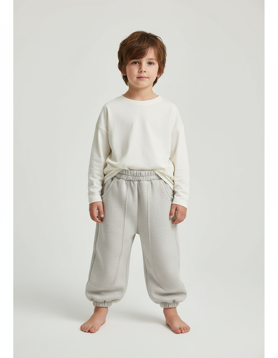 Pantalon Beige Molletonné Ample Décontracté Enfant Hiver