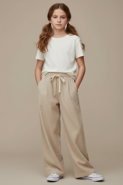 Pantalon Beige Côtelé Droit Ample Cordon - Cordé