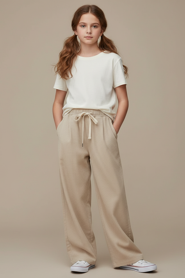 Pantalon Beige Côtelé Droit Ample Cordon - Cordé