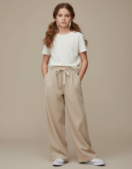 Pantalon Beige Côtelé Droit Ample Cordon - Cordé