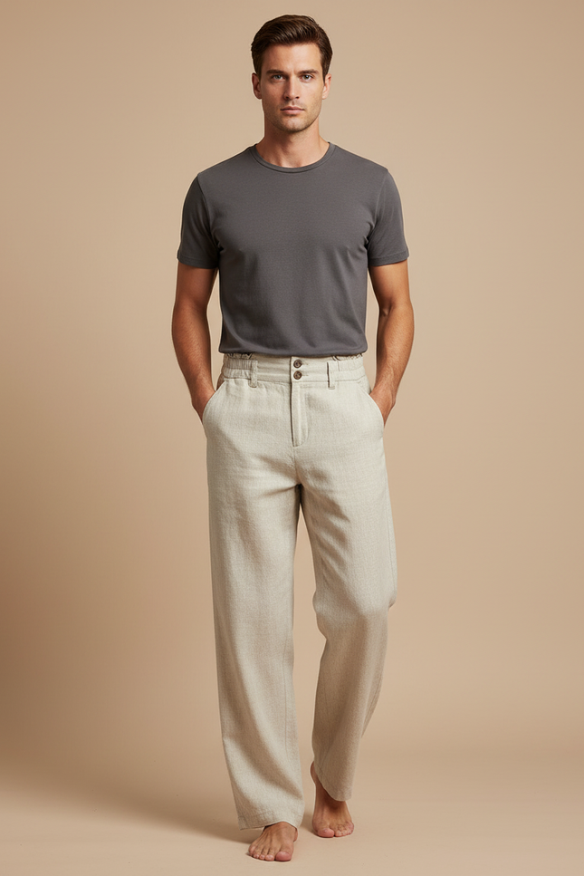 Pantalon Beige Lin Ample Décontracté Homme