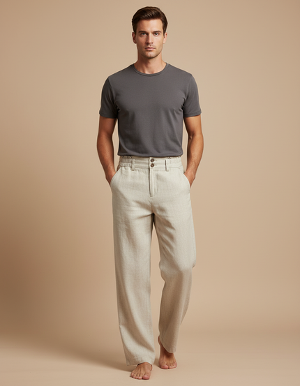 Pantalon Beige Lin Ample Décontracté Homme