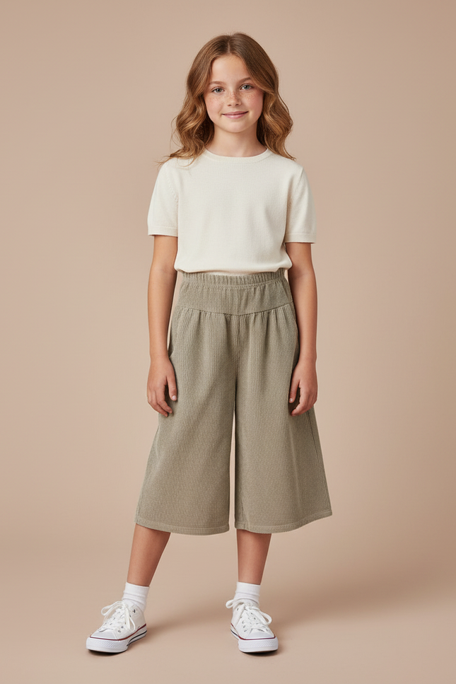 Pantalon Beige Côtelé Ample Taille Élastique Fille - Kaki Cordé