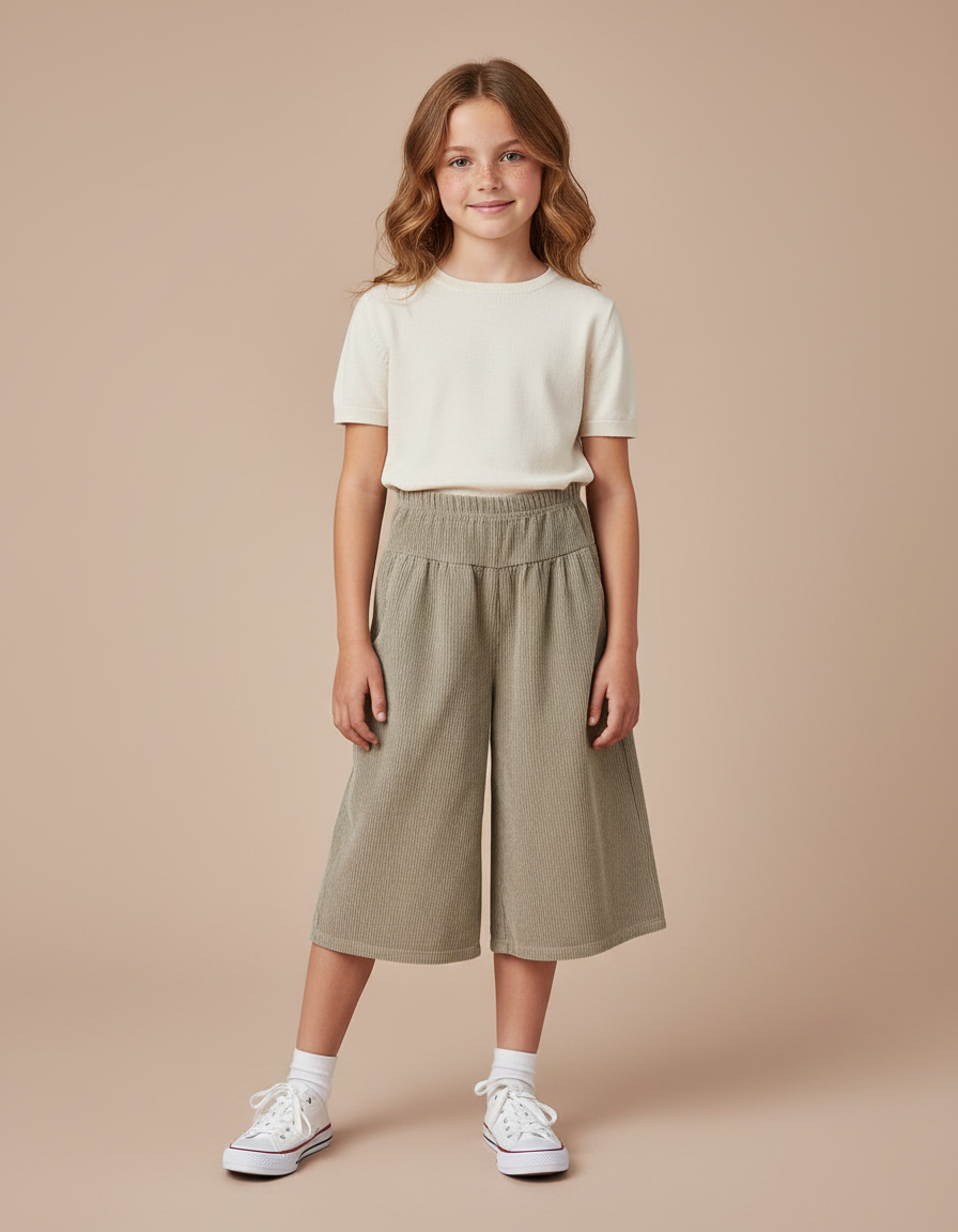 Pantalon Beige Côtelé Ample Taille Élastique Fille - Kaki Cordé