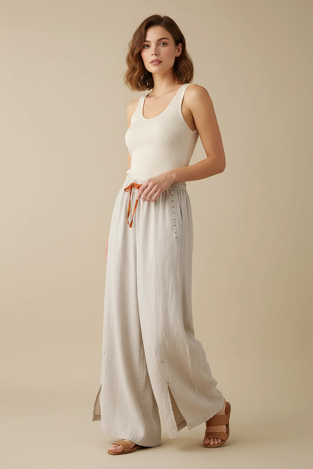 Pantalon Beige Lin Ample Taille Haute Femme