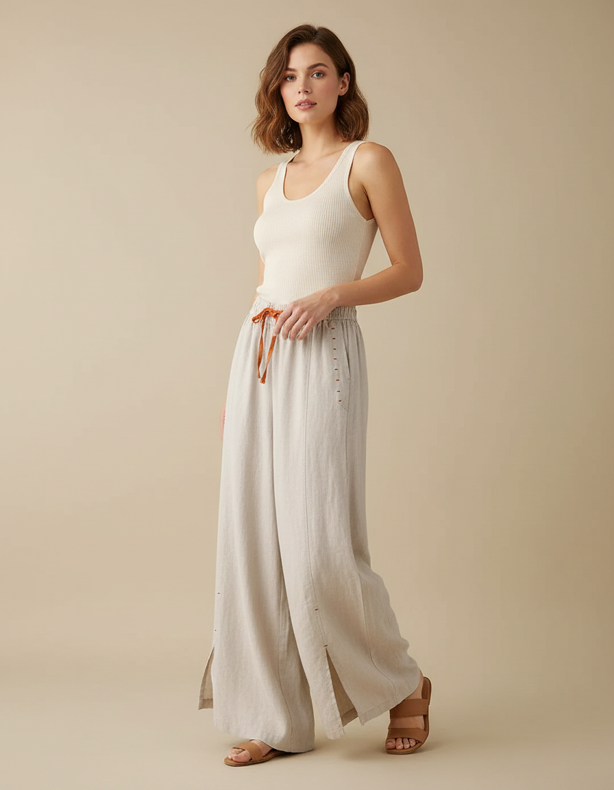 Pantalon Beige Lin Ample Taille Haute Femme