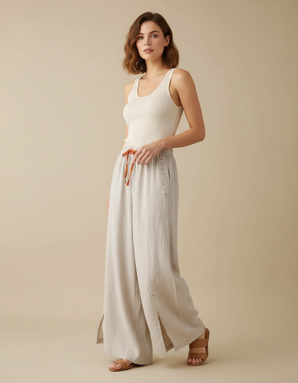 Pantalon Beige Lin Ample Taille Haute Femme
