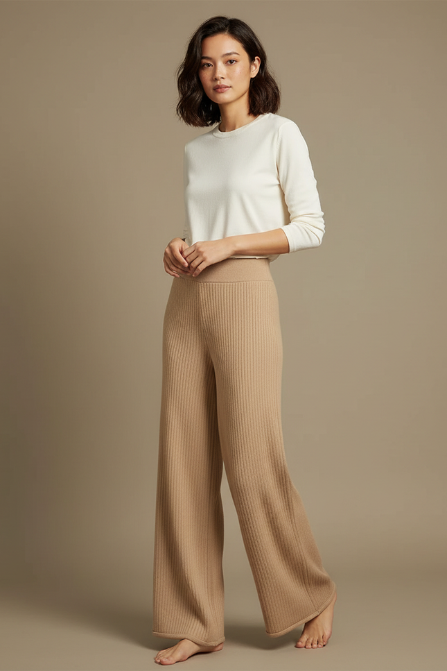 Pantalon Beige Tricoté Côtelé Ample Fluide Élégant - Maille