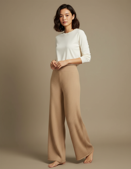 Pantalon Beige Tricoté Côtelé Ample Fluide Élégant - Maille