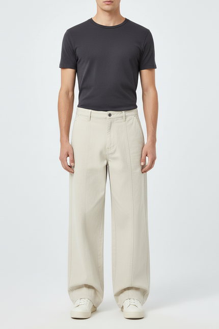 Pantalon Beige Ample Droit Décontracté Homme - Toile