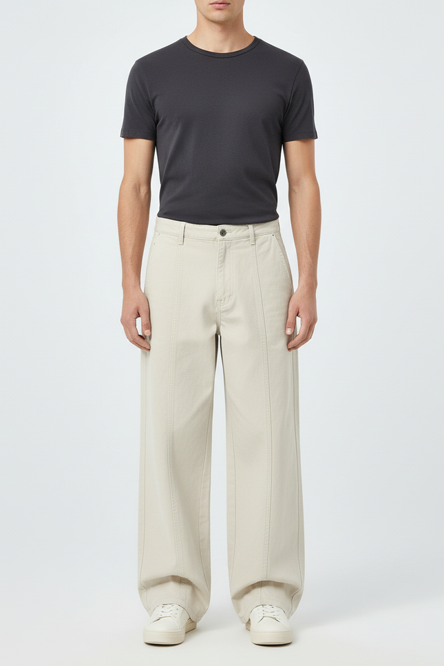 Pantalon Beige Ample Droit Décontracté Homme - Toile