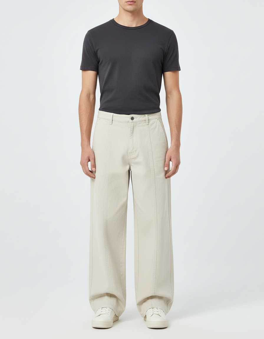 Pantalon Beige Ample Droit Décontracté Homme - Toile