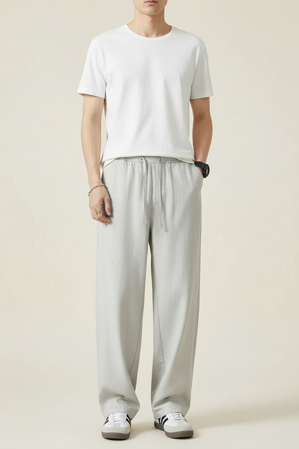 Pantalon Beige Ample Lin Coton Décontracté Homme